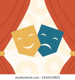 A traditional theatrical symbol, a mask of comedy and tragedy with a red ribbon. Happy and sad masks for performances and shows.