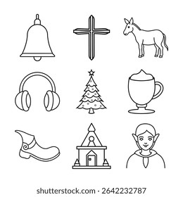 Traditional themes like Christmas tree church bell cross donkey earmuffs eggnog elf shoe elf workshop and elves are featured Vector line art on white background.