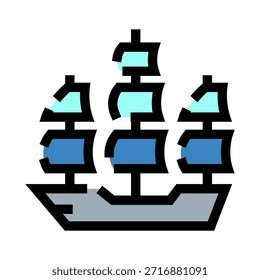 Tradicional três masted veleiro ícone com velas azuis no fundo branco, ilustração vetor minimalista evocando história marítima, exploração, aventura e viagem de mar