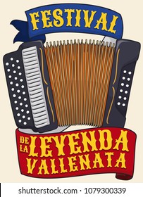 Traditional Three-line Accordion With Commemorative Ribbons Promoting Vallenato Legend Festival (written In Spanish) In Colombia.