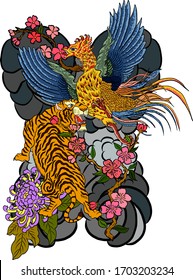 Traditional tiger battle Fighting cock chicken with clouds and sakura for tattoo design.Chinese tiger for painting on wallpaper background.Hand drawn Japanese tattoo design.Chrysanthemum flower vector