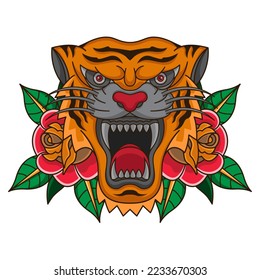 traditional tiger head tattoo flash, vector EPS 10