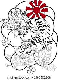 Traditional tiger with sunrise and cherry blossom for T-shirt or tattoo design.Hand drawn Chinese tiger vector for printing on background.Tiger illustration for doodle art on isolate white.Cartoon. 