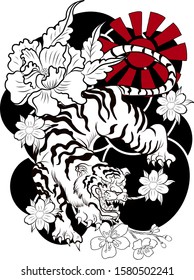 Traditional tiger with sunrise and cherry blossom for T-shirt or tattoo design.Hand drawn Chinese tiger vector for printing on background.Tiger illustration for doodle art on isolate white.Cartoon. 