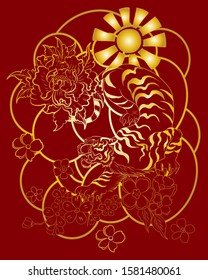 Traditional tiger with sunrise and cherry blossom for T-shirt or tattoo design.Hand drawn Chinese tiger vector for printing on background.Tiger illustration for doodle art on isolate white.Cartoon. 