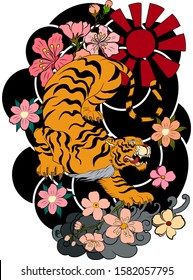 Traditional tiger with sunrise and cherry blossom for T-shirt or tattoo design.Hand drawn Chinese tiger vector for printing on background.Tiger illustration for doodle art on isolate white.Cartoon. 