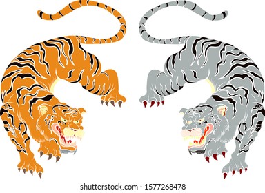 Traditional tiger vector illustration for sticker or tattoo design on background.Chinese tiger cartoon style.Hand drawn Japanese tiger for printing on t-shirt on isolate white background.