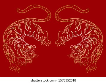 Traditional tiger vector illustration for sticker or tattoo design on background.Chinese tiger cartoon style.Hand drawn Japanese tiger for printing on t-shirt on isolate white background.