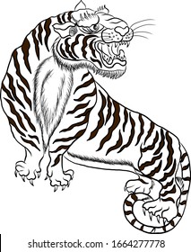 Traditional tiger vector illustration for sticker or tattoo design on background.Chinese tiger cartoon style.Hand drawn Japanese tiger for printing on t-shirt on isolated white background.