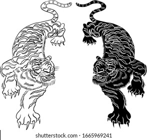 Traditional tiger vector illustration for sticker or tattoo design on background.Chinese tiger cartoon style.Hand drawn Japanese tiger for printing on t-shirt on isolate white background.