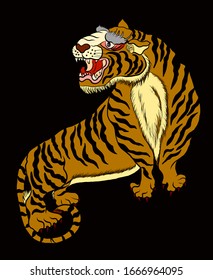 Traditional tiger vector illustration for sticker or tattoo design on background.Chinese tiger cartoon style.Hand drawn Japanese tiger for printing on t-shirt on isolated white background.