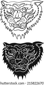 Traditional tiger vector illustration for sticker or tattoo design on background.Chinese tiger cartoon style.Hand drawn Japanese tiger for printing on t-shirt on red background.