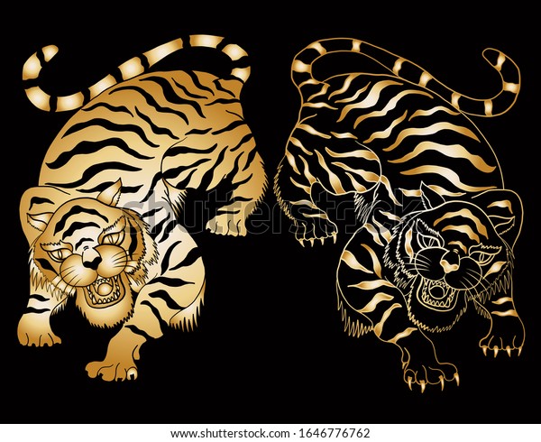 背景にステッカーやタトゥーデザインの伝統的なタイガーベクターイラスト 中国のトラの漫画スタイル 分離型白い背景にtシャツに印刷する手描きの日本のトラ 金の虎 のベクター画像素材 ロイヤリティフリー Shutterstock