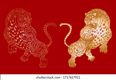 Traditional tiger vector for printing on shirt.Korean tiger illustration for doodle and coloring book on background.Hand drawn tiger tattoo. Gold line art.