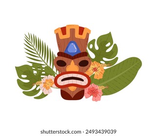 Traditional Tiki mask adorned with vibrant tropical flowers and lush green leaves. Vector illustration depicting Polynesian culture with a carved wooden mask surrounded by hibiscus and palm leaves.