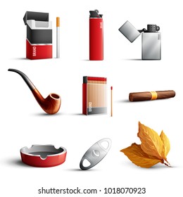 Traditional tobacco products realistic set with cigarette pack matches lighters pipe cigar ashtray tobacco leaves on white background isolated vector illustration  