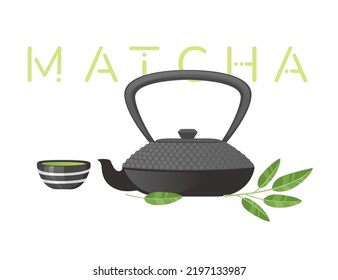 Traditional tools for tea ceremony matcha tea vector illustration on white background
