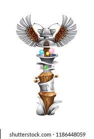 Traditional totem pole with tiki mask and eagle. Vector cartoon flat icon isolated on white background.Tiki tribal wooden and metal mask.