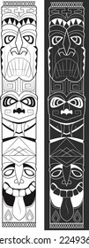 Traditional totem pole with tiki masks and different faces. Vector cartoon flat icons set isolated on white and black background.