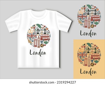 Traditional tourist symbols of London in the form of a circle. Travel concept with t-shirt mockup. Vector Illustration