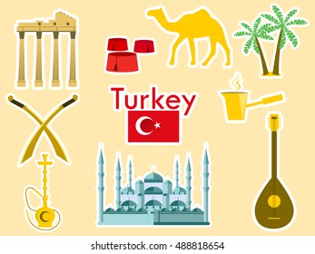 Traditional tourist symbols of turkey icon set. Patches elements. Vector illustration