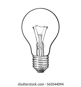 Traditional transparent tungsten light bulb, side view, sketch style vector illustration isolated on white background. 