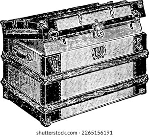 Traditional Travel Trunk Chest Vintage Drawing Engraving Illustration. Illustration of an antique steamer trunk drawn in a vintage engraving style.