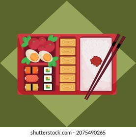 Traditional tray with Japanese bento food
