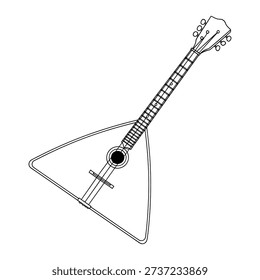 Traditional triangular stringed musical instrument with fretted neck and tuning pegs on white background vintage style
