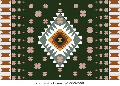 Traditional tribal or folk textile design.The central motif is a large diamond shape layered with zigzag and geometric pattern,surrounded by floral and triangular elements.
