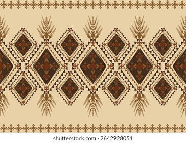 Traditional tribal geometric pattern in warm earth tones with diamond shapes and ethnic motifs, perfect for textile, fabric, background, and digital design use.