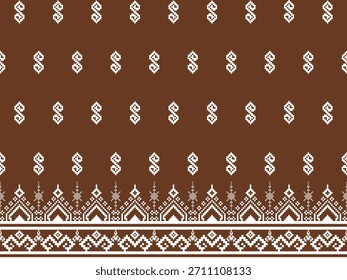 Vetor sem emenda de padrão de pixel geométrico tribal tradicional. Fundo marrom com diamante branco e bordado ziguezague olhar borda para tecido, têxtil, ou artesanato.