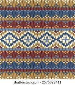 Traditional tribal knitting pattern. Geometric traditional style in warming color tone.  Knitted style design vector for textile printing and fabric printing.