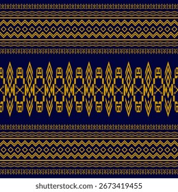 Traditionelles Stammesmuster in Gold auf dunkelblauem Hintergrund mit geometrischen und ethnischen Motiven. Ideal für Textilien, Hintergründe oder Designs mit kulturellem Thema
