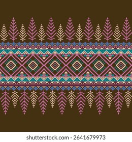 Traditional tribal pixel design with colorful diamonds and symmetrical leaves on a brown background.