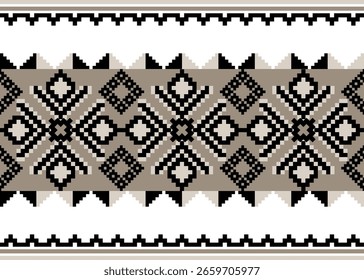 Patrón tradicional de píxeles tribales en negro, blanco y taupe. Ideal para bordados, diseño de telas, artesanías populares o proyectos de arte digital con influencia étnica o retro.