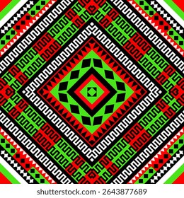 A traditional tribal pixel pattern in a rich green and red color scheme featuring layered diamond shapes and symmetrical arrangements.