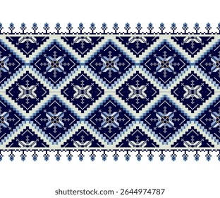 Traditional tribal style cross stitch pattern with blue diamond shapes and floral motifs.