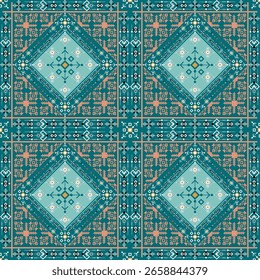 Patrón textil tribal tradicional con Formas de diamantes geométricos, motivo étnico sin fisuras en Colores de color verde azulado y coral, fondo cultural de arte Folk para tela, Fondo de pantalla o diseño de impresión