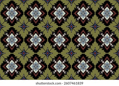 Traditional Tribal Textile in Sage Green and Blue Seamless Woven Folk Art Inspired by Heritage Crafts Cultural Geometric Fabric with Handcrafted Feel Vintage Pixel Weave Pattern for Ethnic Design 
