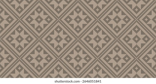 Traditional tribal-inspired seamless pattern with diamond shapes and striped textures in earthy tones. Ideal for textiles, wallpapers, and ethnic-themed design projects.