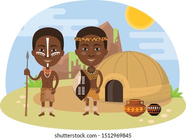 Traditional Tribe Characters in Village Background Illustration