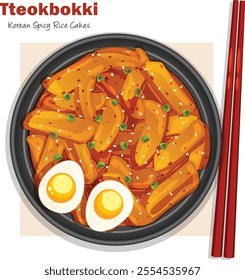 Traditional Tteokbokki with Eggs in Black Ceramic Bowl with Red Chopsticks. Top View Spicy Korean Rice Cakes Detailed Illustration 