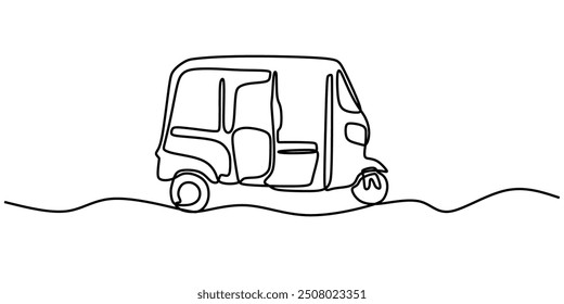 Traditional Tuk Tuk Continuous Line Art. Minimalist one line drawing of a Bajaj vehicle from Bangkok.