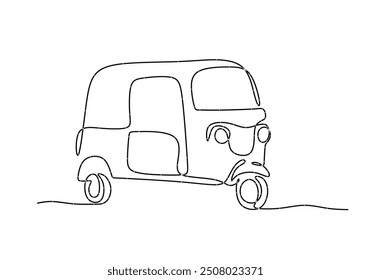 Traditional Tuk Tuk One Line Drawing. Minimalist continuous line illustration of a Bajaj vehicle.