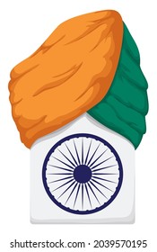 Traditional turban with Indian flag colors and white sign with blue Ashoka Chakra wheel.