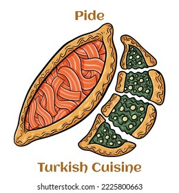 Traditional Turkish baked pide dish. Middle Eastern snacks. Turkish pizza. Open pies with different maingame.