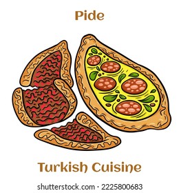 Traditional Turkish baked pide dish. Middle Eastern snacks. Turkish pizza. Open pies with different maingame.