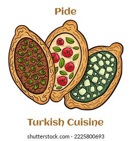 Traditional Turkish baked pide dish. Middle Eastern snacks. Turkish pizza. Open pies with different maingame.