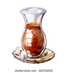 Traditional Turkish black tea served in a small glass tulip shaped cup. Traced watercolor sketch with a line drawing in a separate layer above isolated on white background. EPS 10 vector illustration.